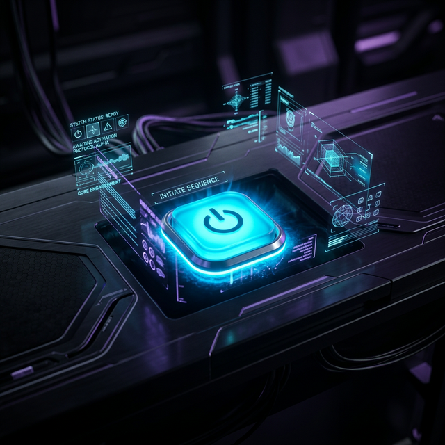 Futuristic control panel with a glowing cyan initiate button