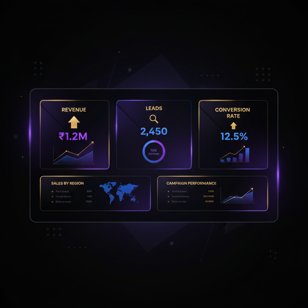 Custom AI Solutions dashboard interface showing live performance metrics